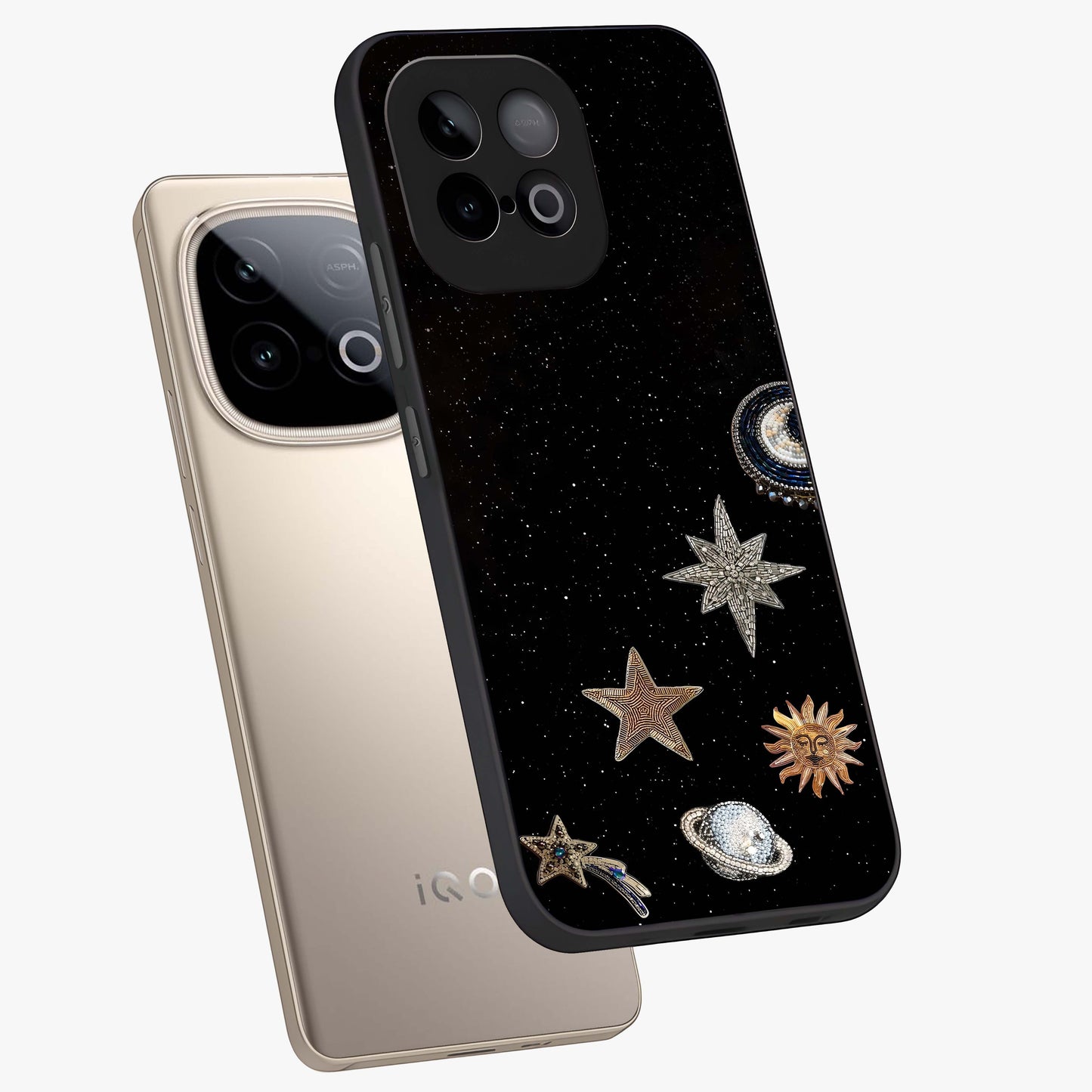 Galactic Charm Glow Glass Case displayed in angled mockup highlighting luminous galaxy inspired design with dreamy aesthetic.