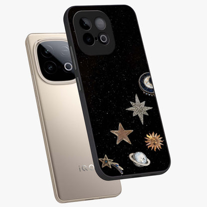 Galactic Charm Glow Glass Case displayed in angled mockup highlighting luminous galaxy inspired design with dreamy aesthetic.