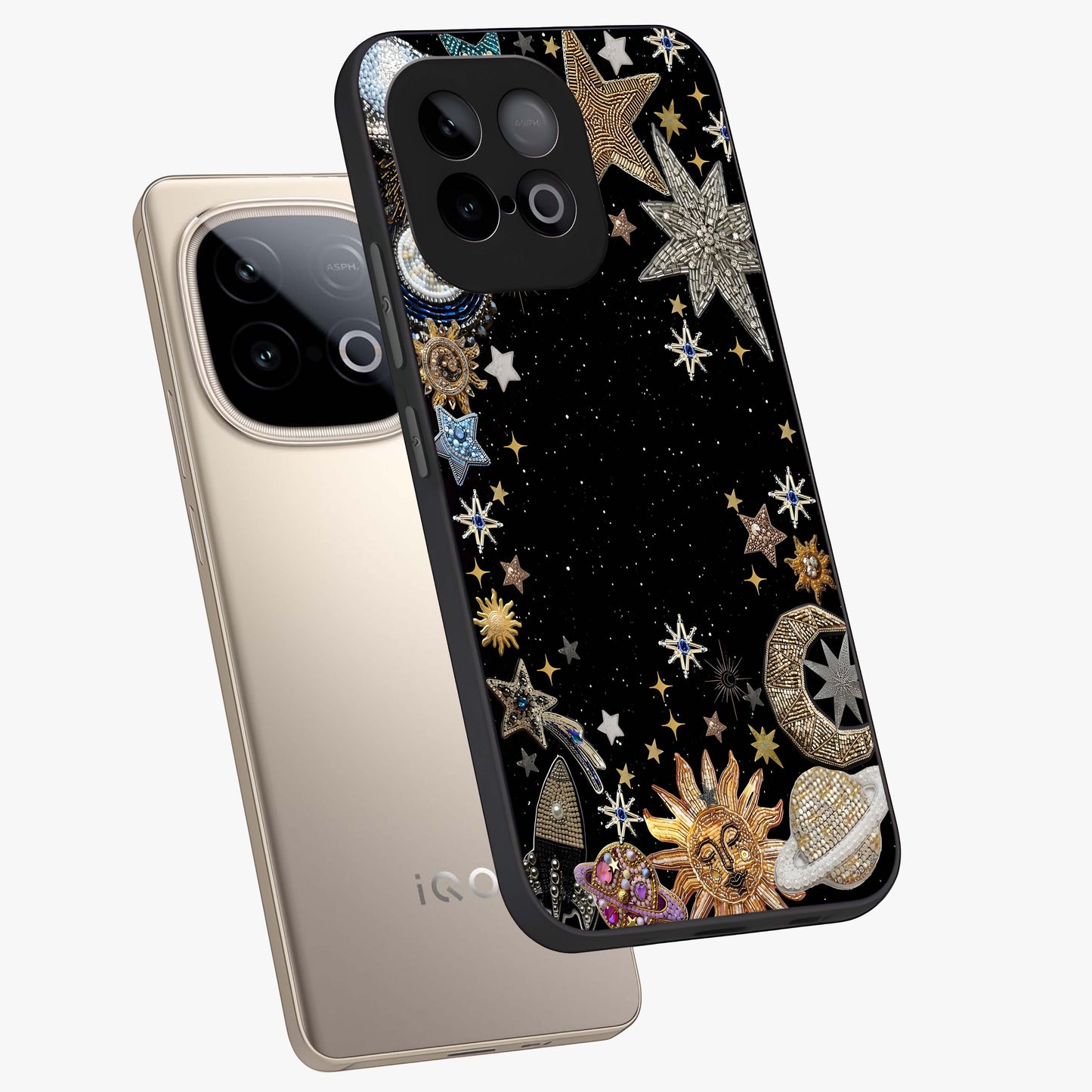 Galactic Jewel Stars Glass Case displayed in angled mockup highlighting shining celestial star design with cosmic aesthetic style.