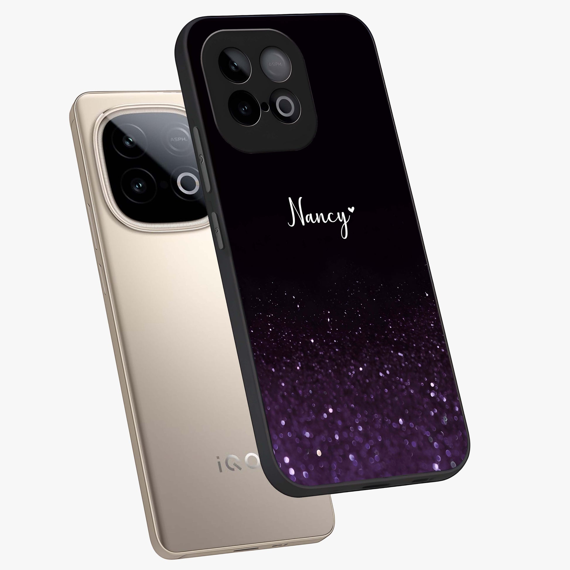 Glittery Purple Bokeh Custom Name Glass Case displayed in angled mockup highlighting glitter bokeh pattern with custom name feature.