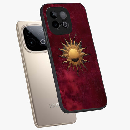 Golden Sun Minimalism Glass Case displayed in angled mockup highlighting clean sun symbol design with modern minimal aesthetic.