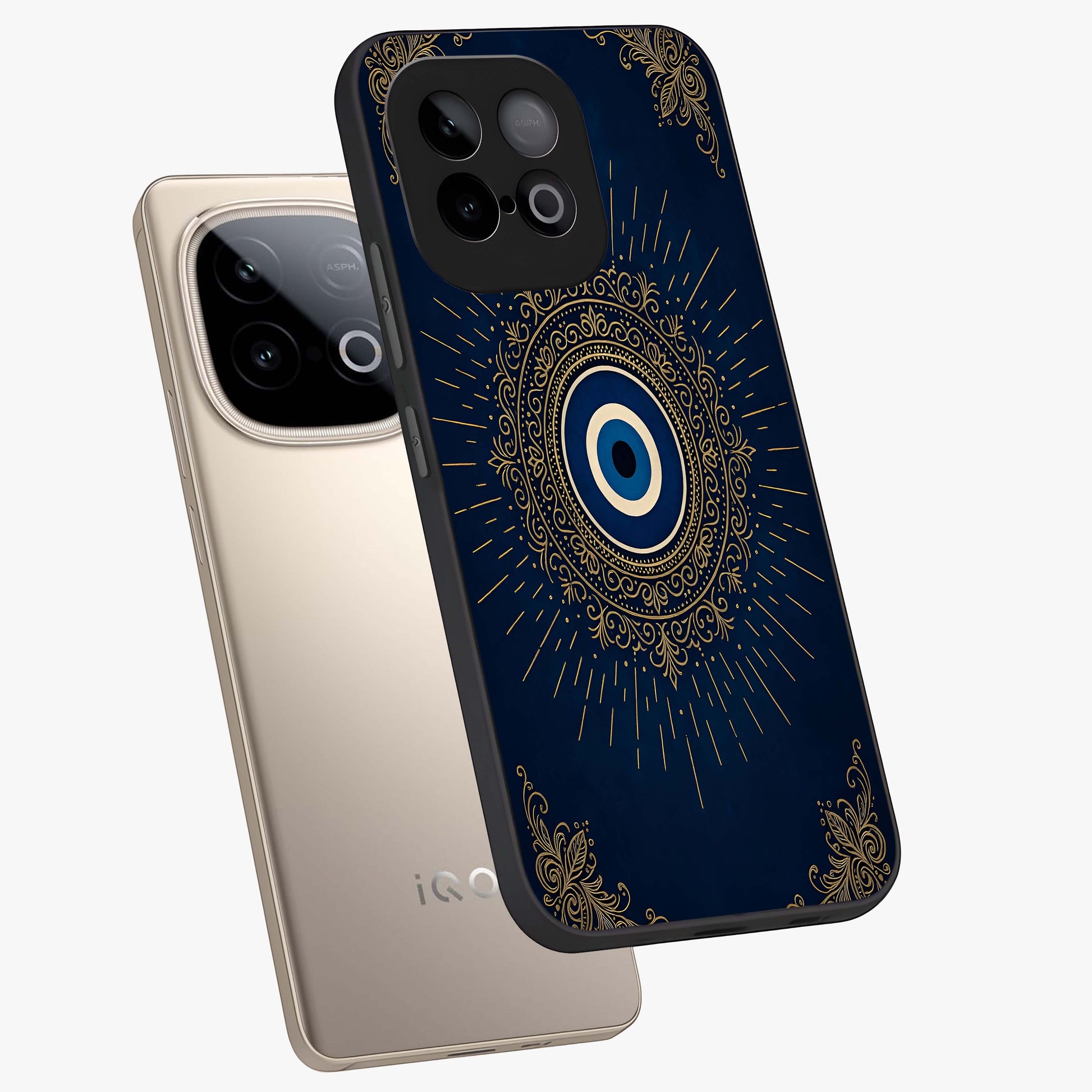 Golden Celestial Charm Glass Case displayed in angled mockup highlighting sparkling cosmic charm design with celestial aesthetic.