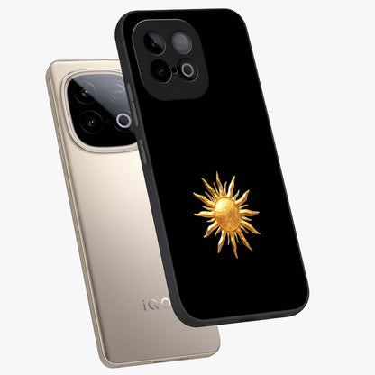 Golden Sun Minimalism Glass Case displayed in angled mockup highlighting eerie shadow illustration with gothic aesthetic.