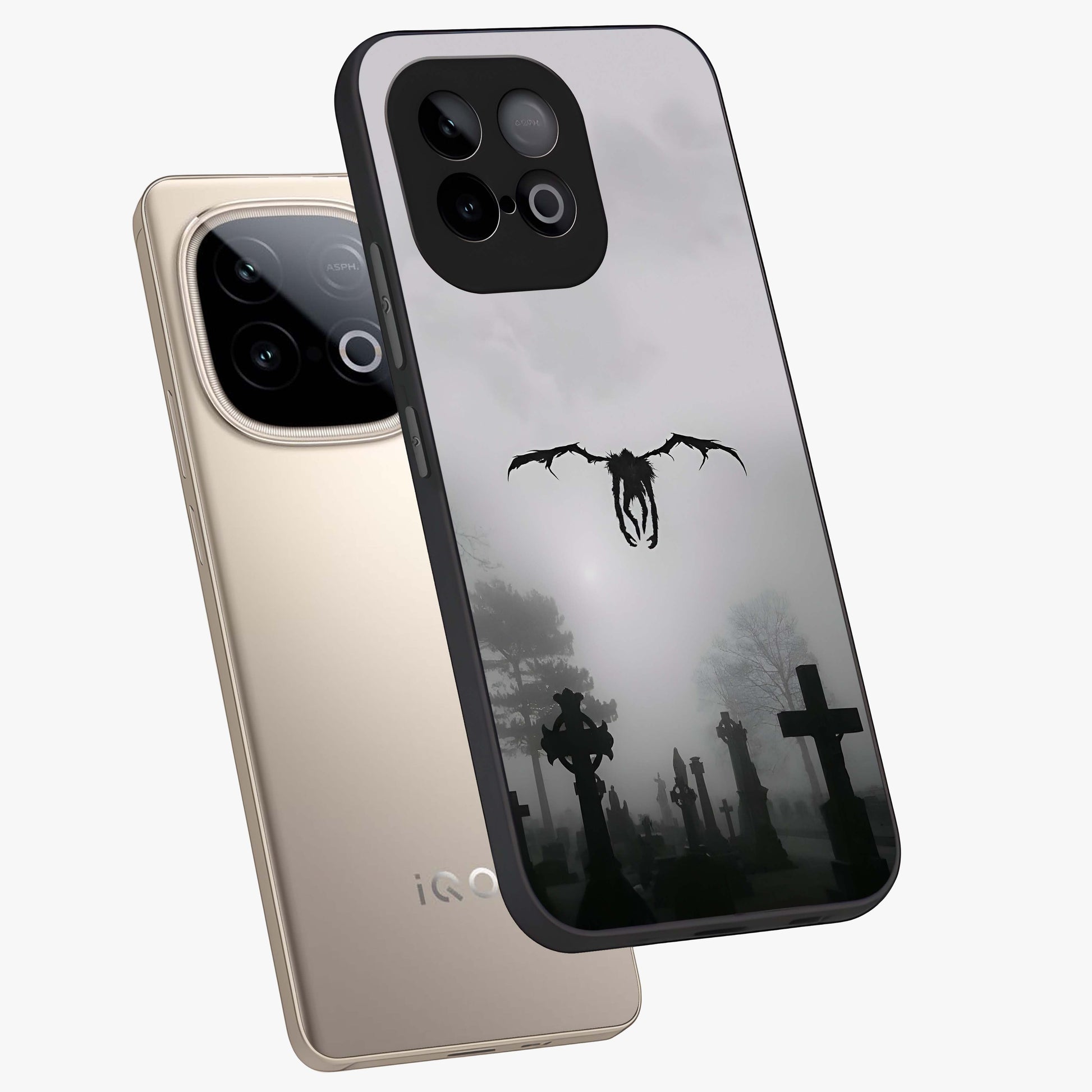 Graveyard Shadow Descent Glass Case displayed in angled mockup highlighting eerie shadow illustration with gothic aesthetic.