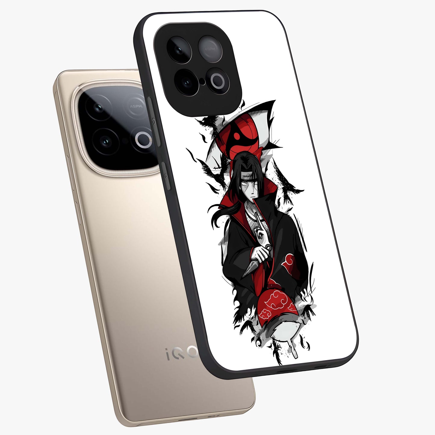 Itachi Limited Edition Naruto Anime Glass Case displayed in angled mockup highlighting dramatic anime illustration with bold action aesthetic.
