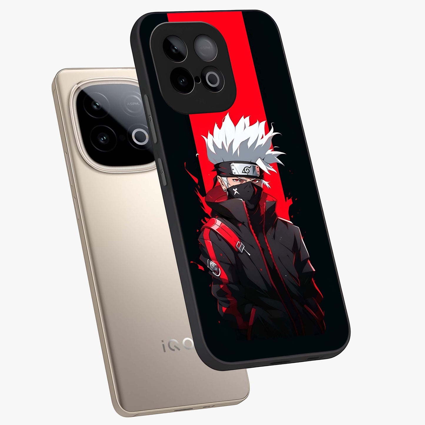 Kakashi Scarlet Shadow Glass Case displayed in angled mockup highlighting dramatic ninja illustration with scarlet themed aesthetic.