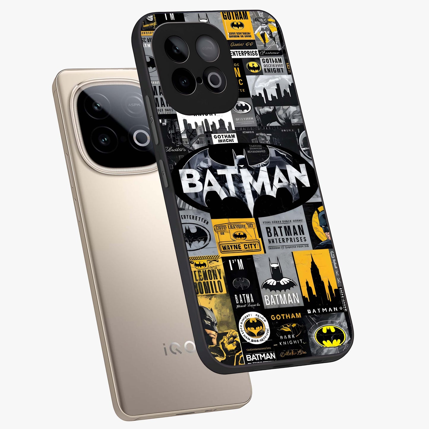 Knight Gotham Rise Glass Case displayed in angled mockup highlighting powerful knight silhouette design with dramatic aesthetic.