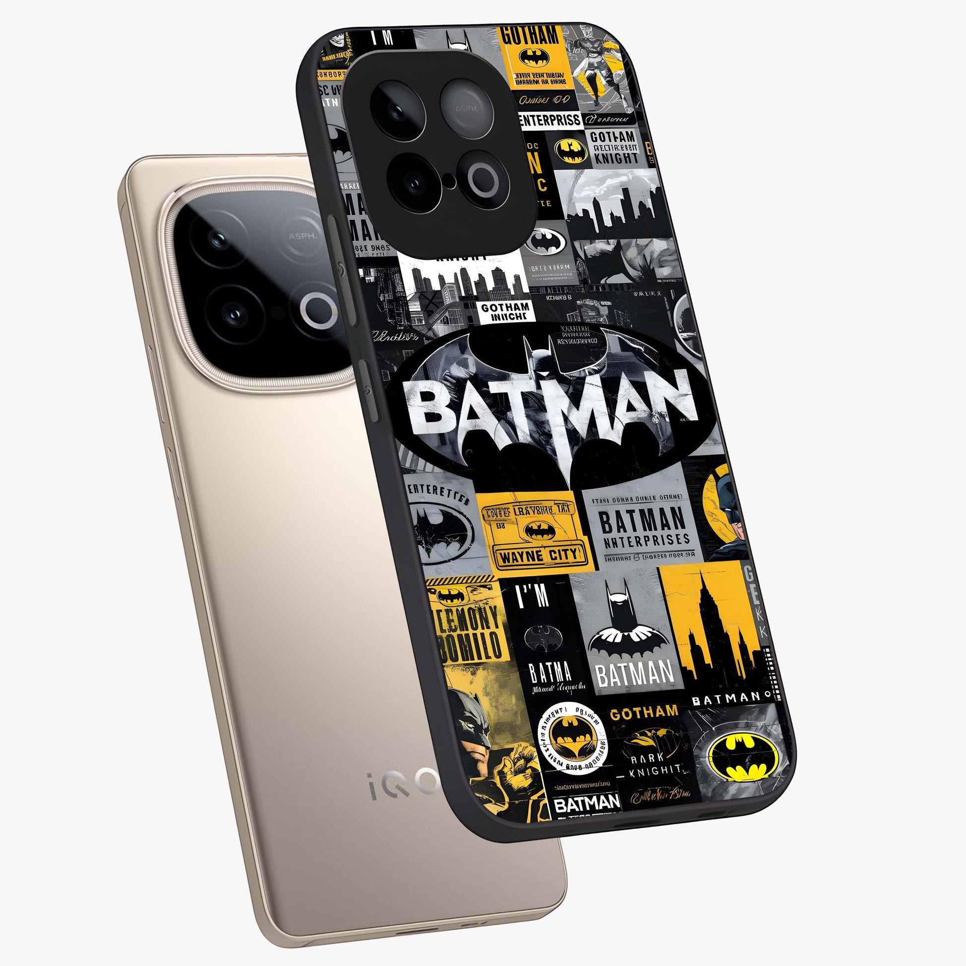 Knight Gotham Rise Glass Case displayed in angled mockup highlighting powerful knight silhouette design with dramatic aesthetic.