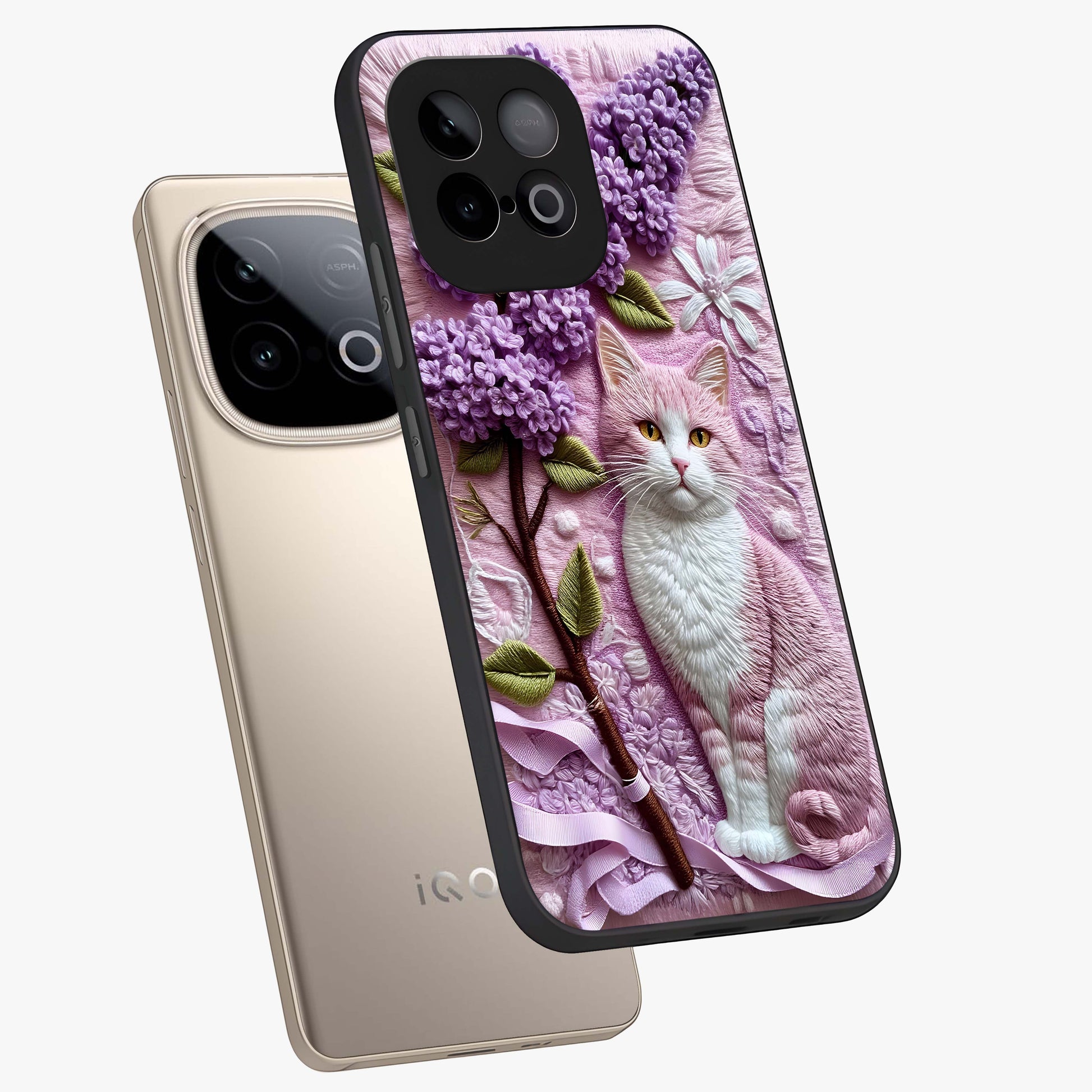 Lavender Cat Whimsy Glass Case displayed in angled mockup highlighting playful feline illustration with pastel lavender aesthetic.