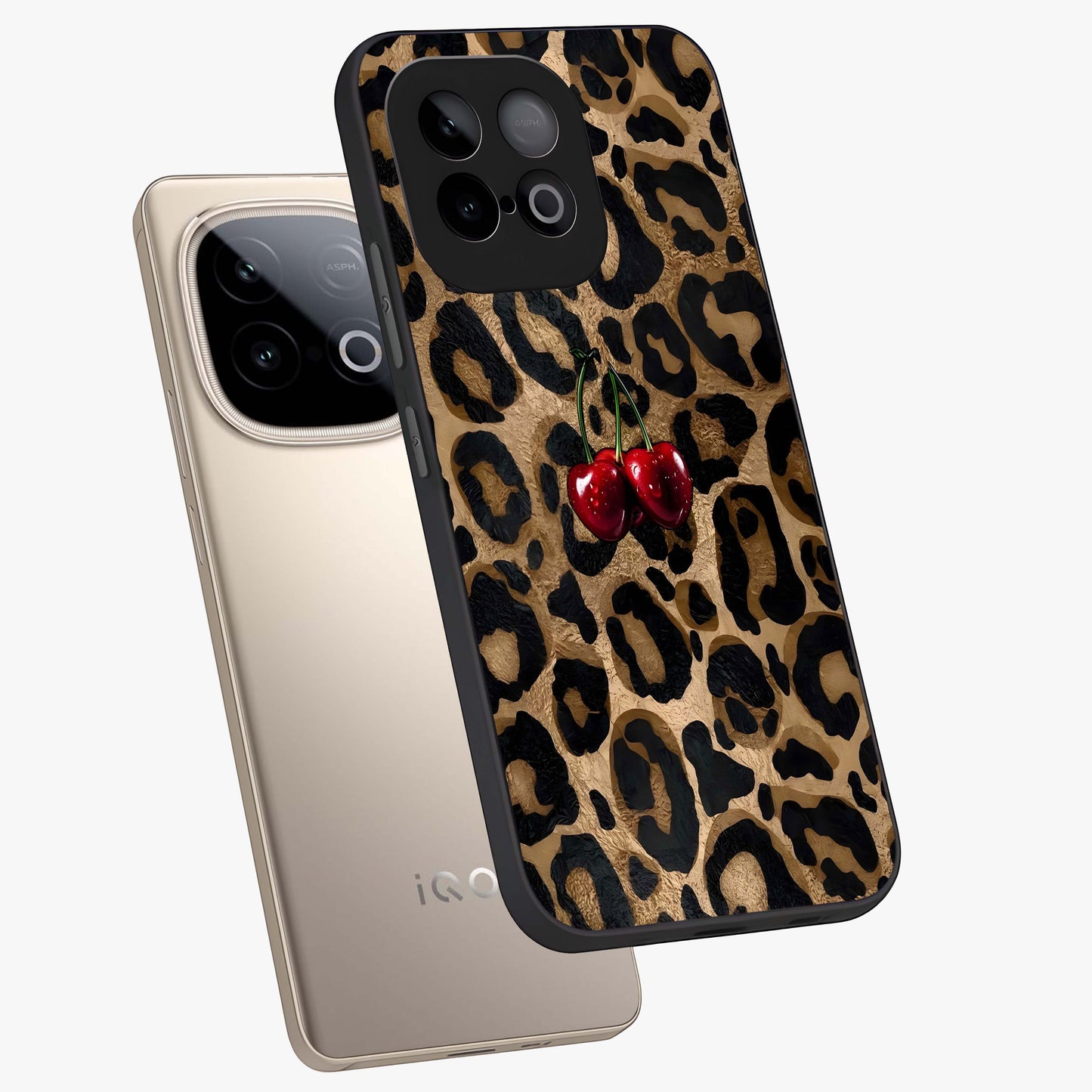 Leopard Wild Cherry Glass Case displayed in angled mockup highlighting bold animal print design with playful cherry aesthetic.