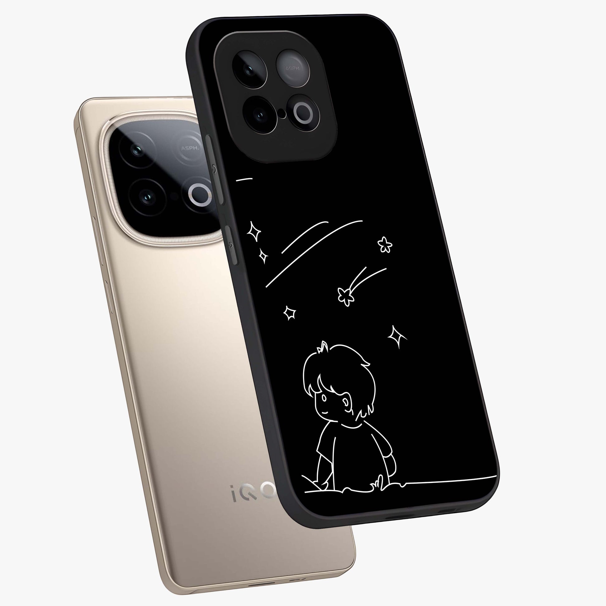 Line Art Boy With Shooting Stars Glass Case displayed in angled mockup highlighting elegant line art design with dreamy star aesthetic.