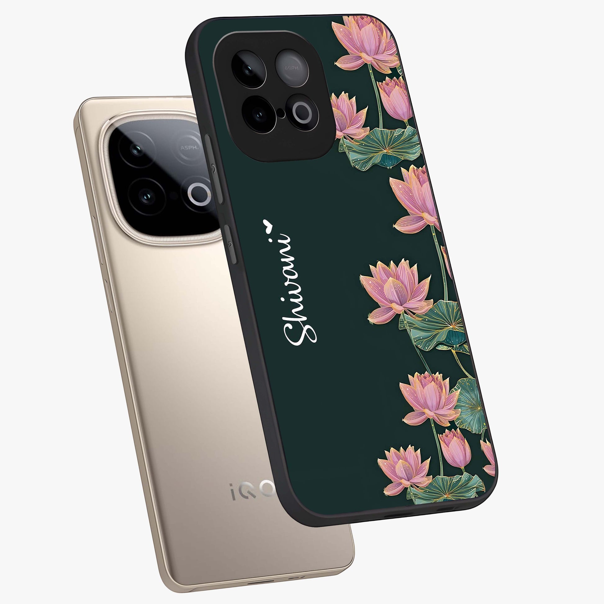 Lotus Bloom Serenity Custom Name Glass Case displayed in angled mockup highlighting graceful lotus illustration with custom name feature.