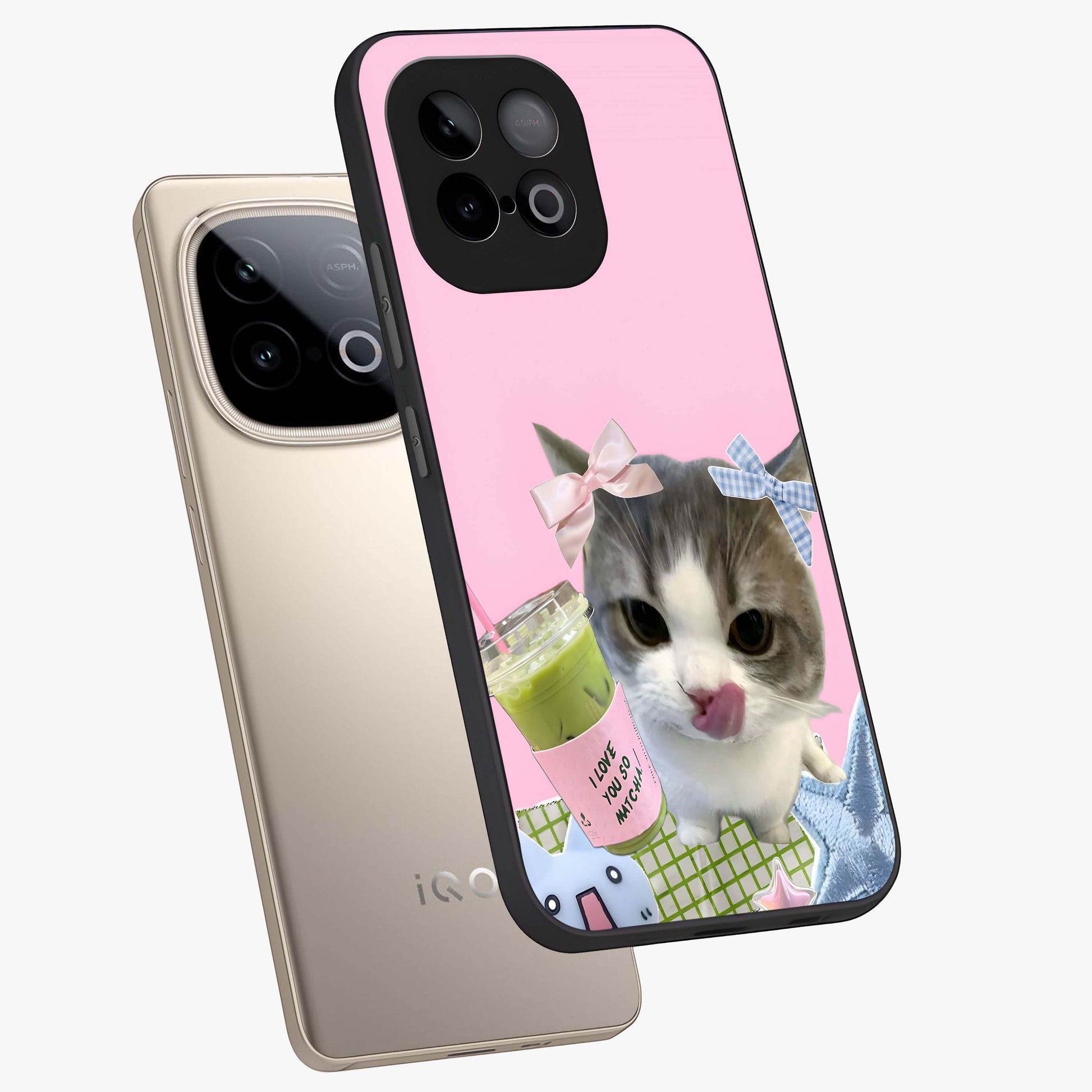 Love Matcha Cat Glass Case displayed in angled mockup highlighting playful feline illustration with cozy matcha aesthetic.