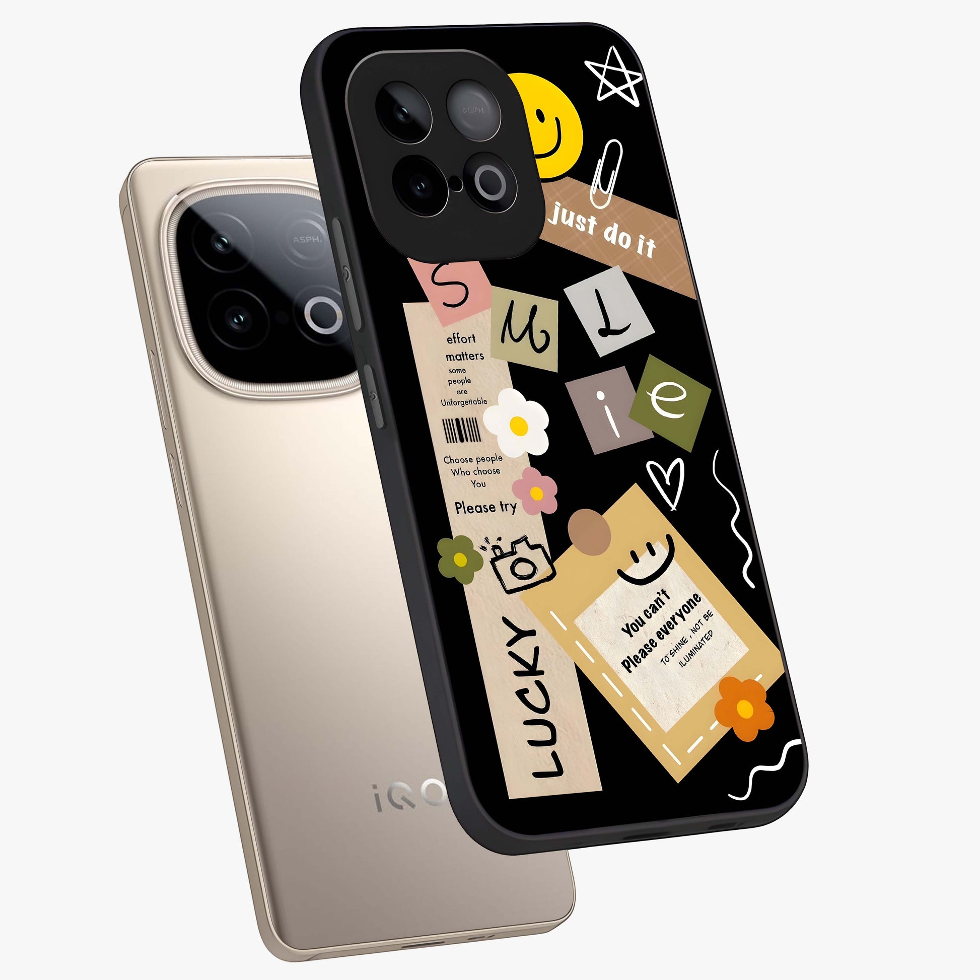 Lucky Aesthetic Collage Glass Case displayed in angled mockup highlighting stylish collage pattern with modern aesthetic vibe.