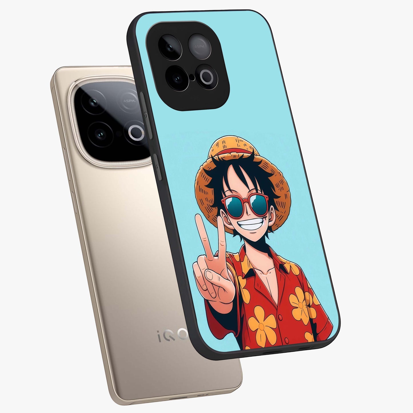 Luffy Summer Anime Vibe Glass Case displayed in angled mockup highlighting energetic anime illustration with summer vibe aesthetic.