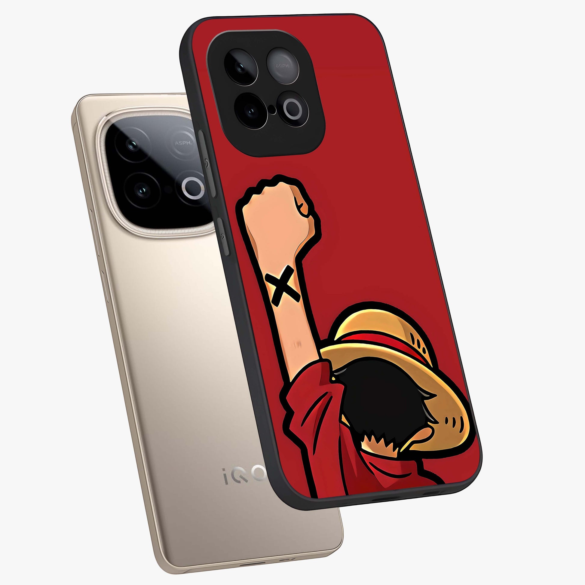 Luffy X Spirit Glass Case displayed in angled mockup highlighting powerful anime design with energetic action aesthetic.