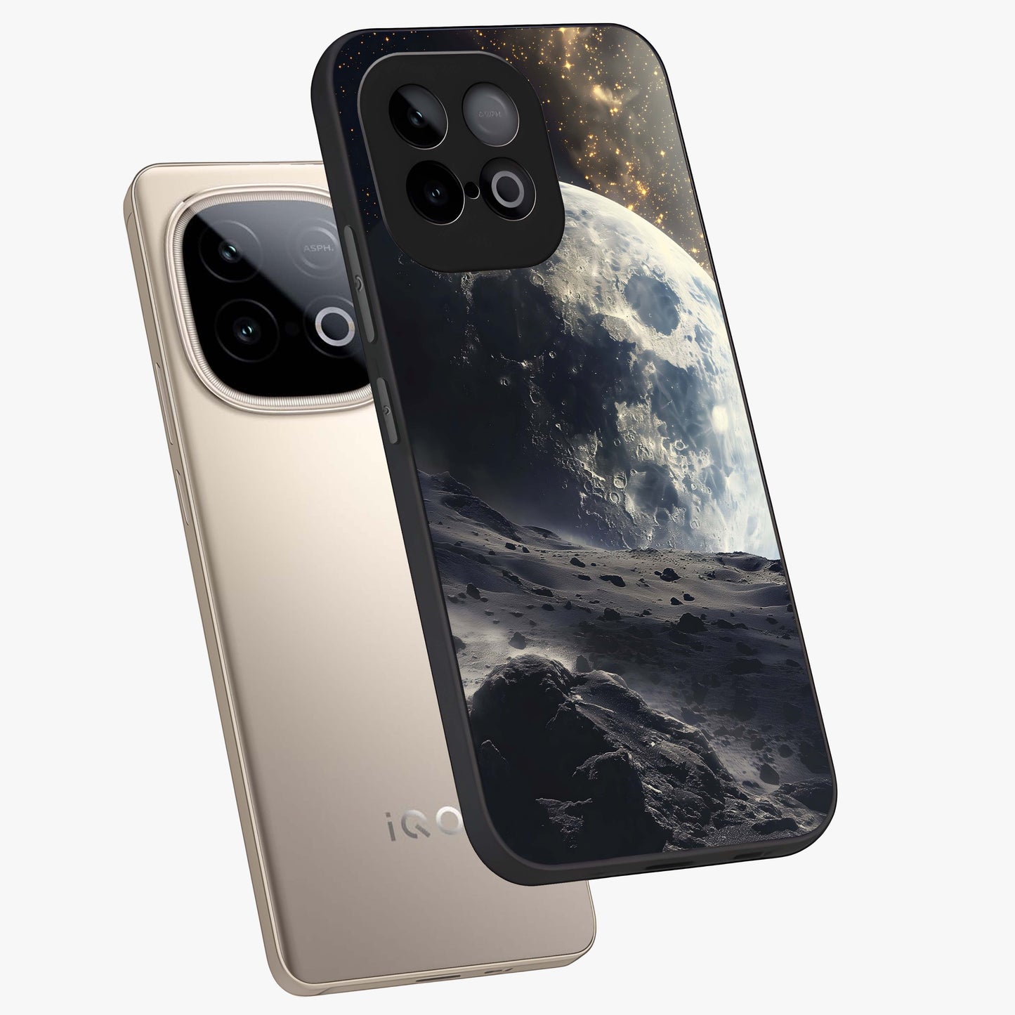 Lunar Horizon Glow Glass Case displayed in angled mockup highlighting celestial moon design with dreamy night aesthetic.