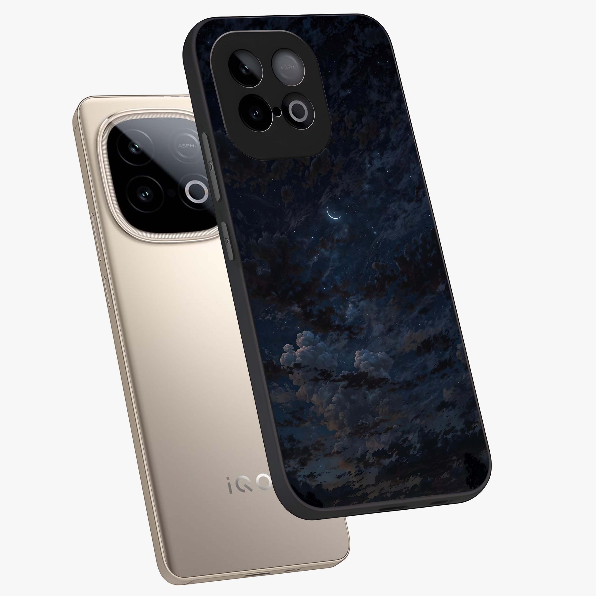 Lunar Veil Silence Glass Case displayed in angled mockup highlighting soft lunar design with peaceful celestial aesthetic.