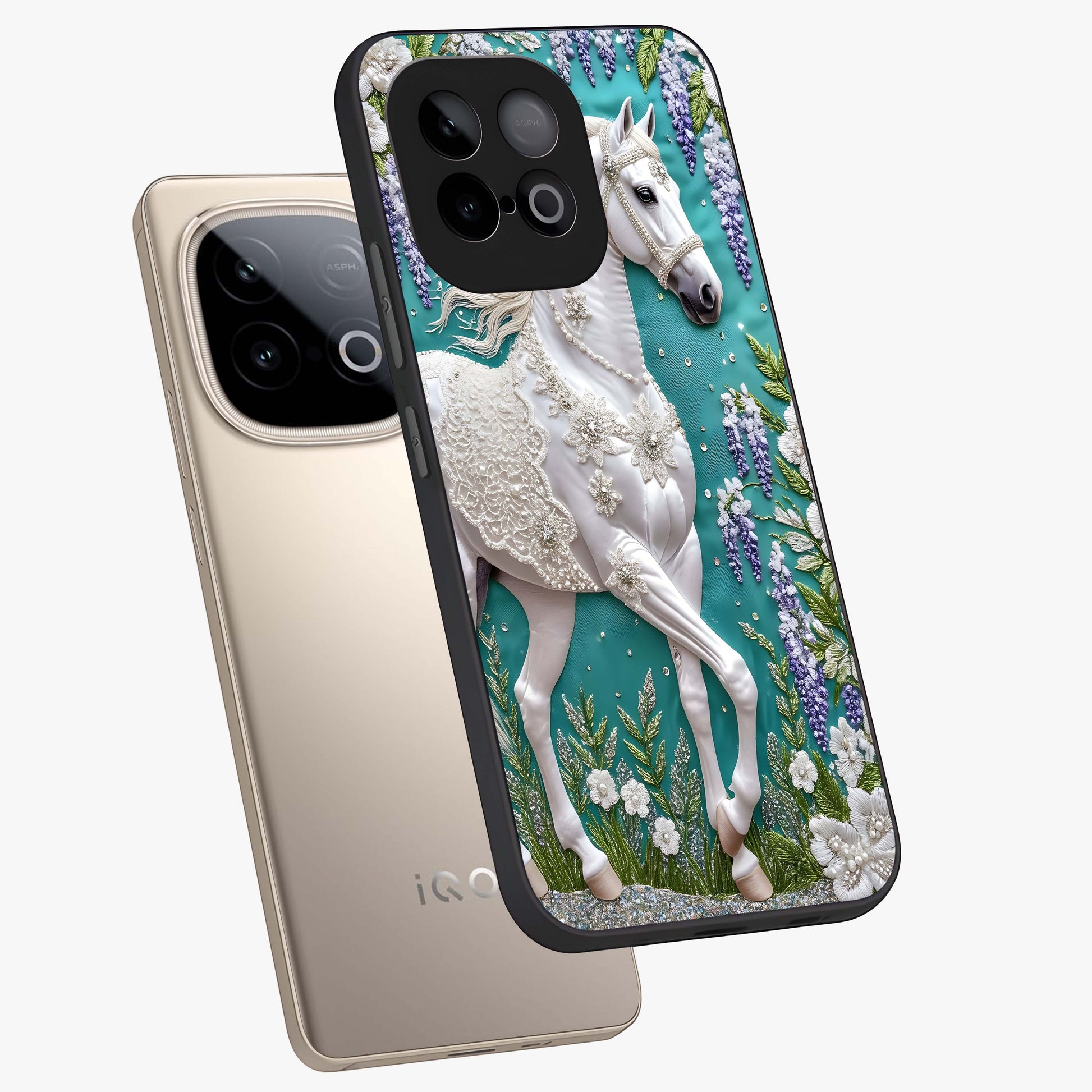 Majestic Floral Stallion Glass Case displayed in angled mockup highlighting majestic stallion illustration with elegant floral aesthetic.