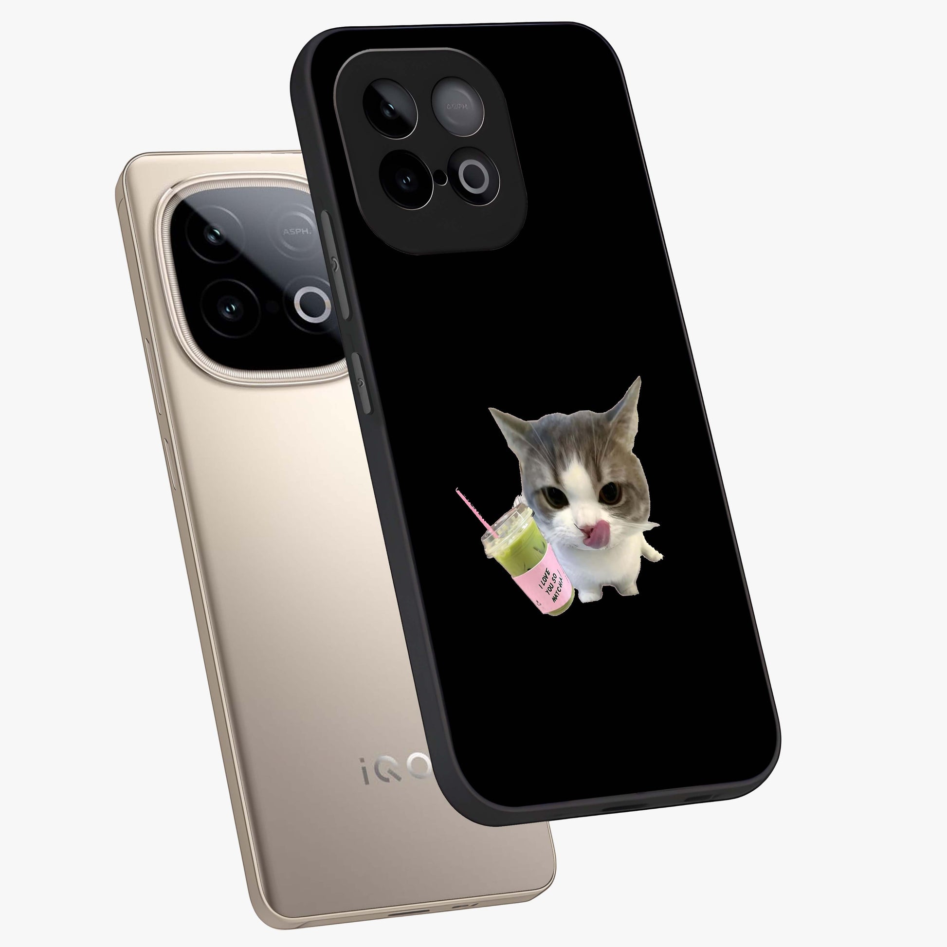 Matcha Cat Style Glass Case displayed in angled mockup highlighting playful feline design with pastel matcha aesthetic.
