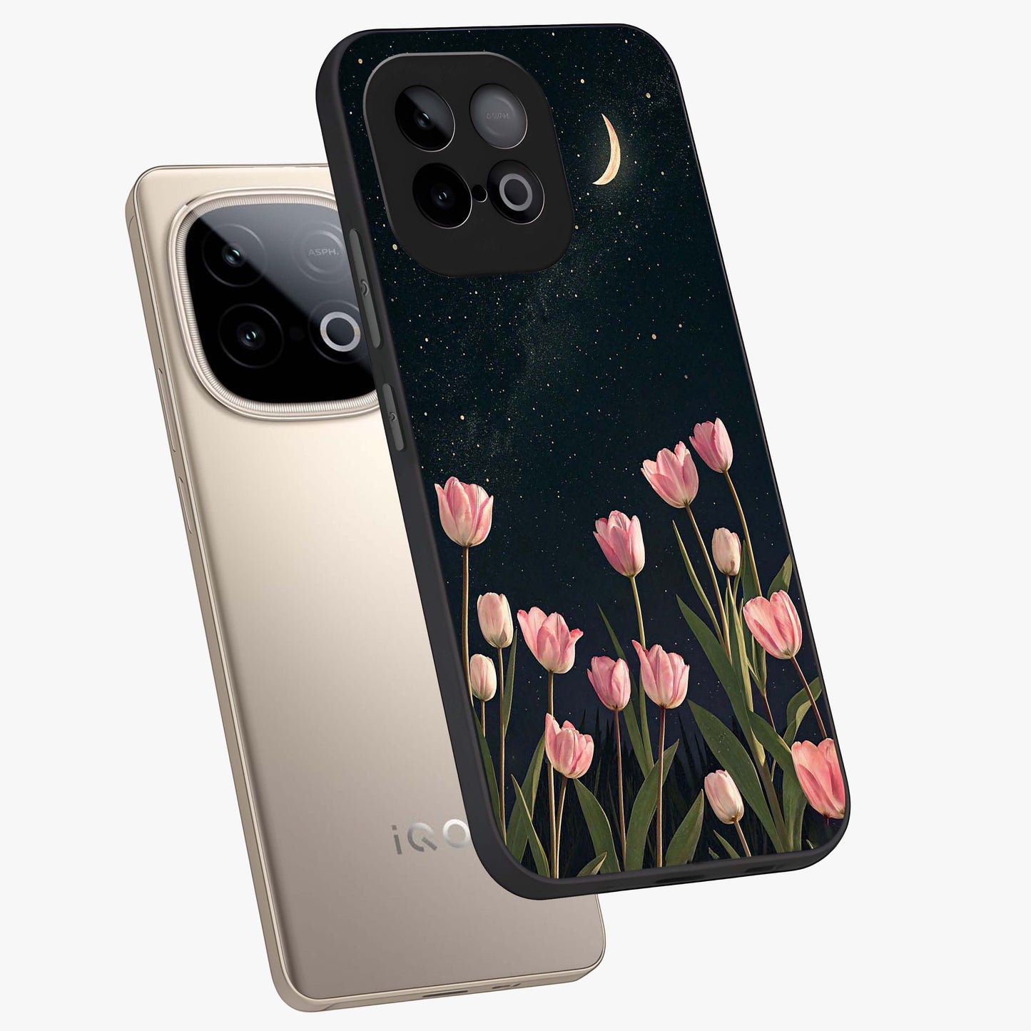Midnight Tulip Whispers Vibe Glass Case displayed in angled mockup highlighting delicate tulip design with midnight floral aesthetic.