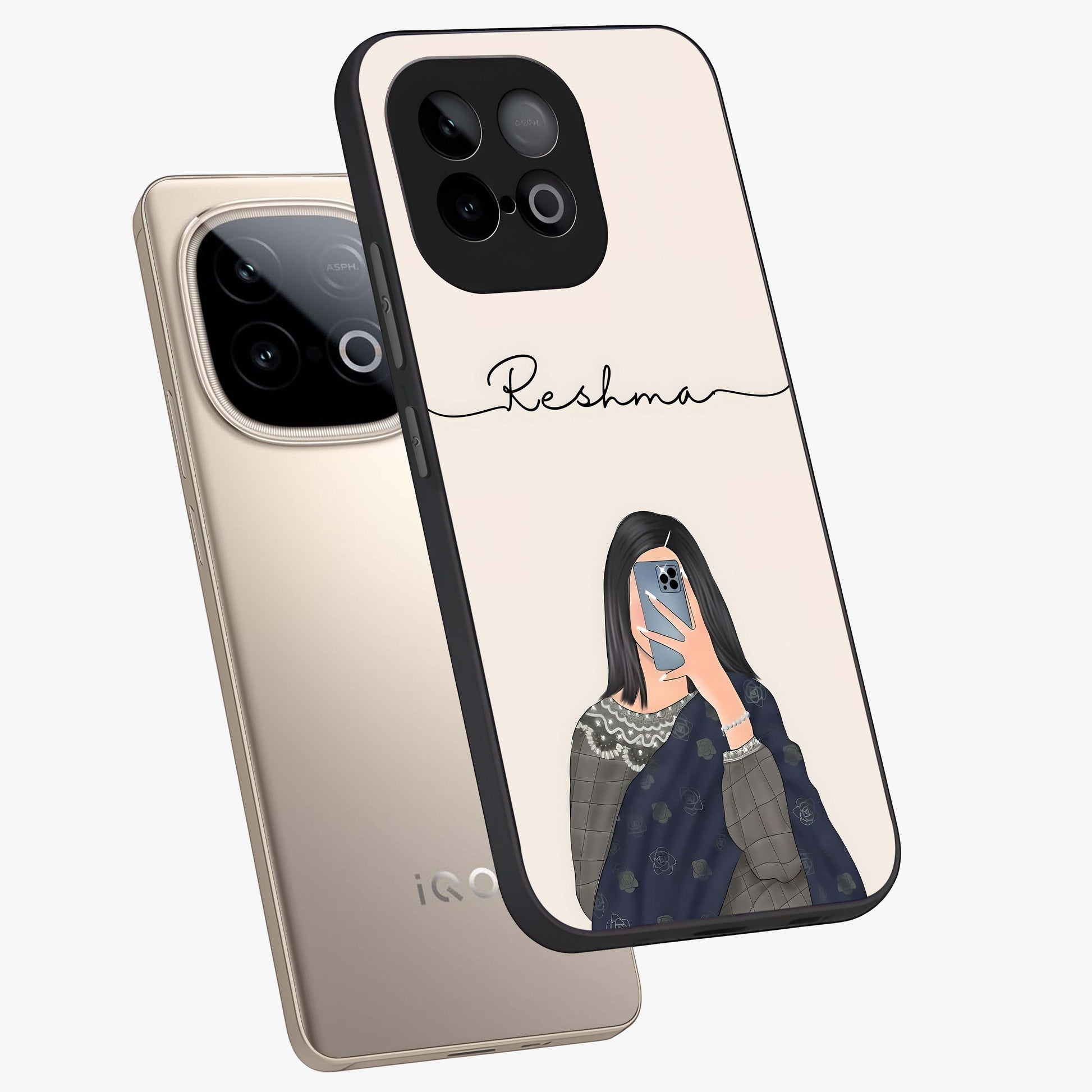 Mirror Mood Muse With Custom Name Glass Case displayed in angled mockup highlighting aesthetic mirror inspired design with custom name feature.