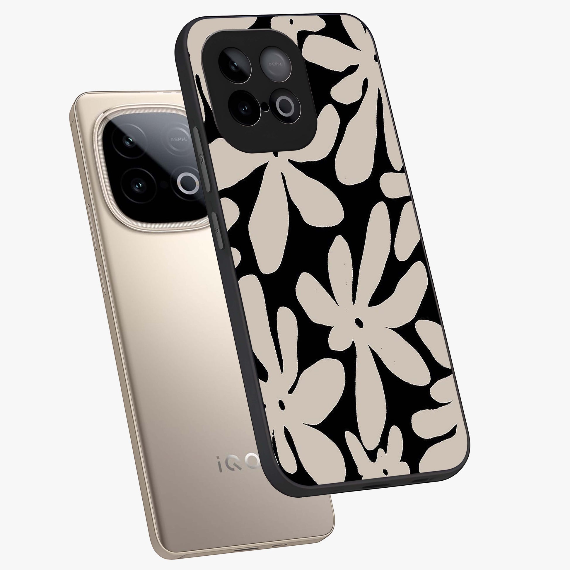Monochrome Petal Dance Glass Case displayed in angled mockup highlighting elegant petal design with black and white aesthetic.