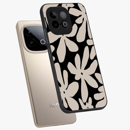 Monochrome Petal Dance Glass Case displayed in angled mockup highlighting elegant petal design with black and white aesthetic.