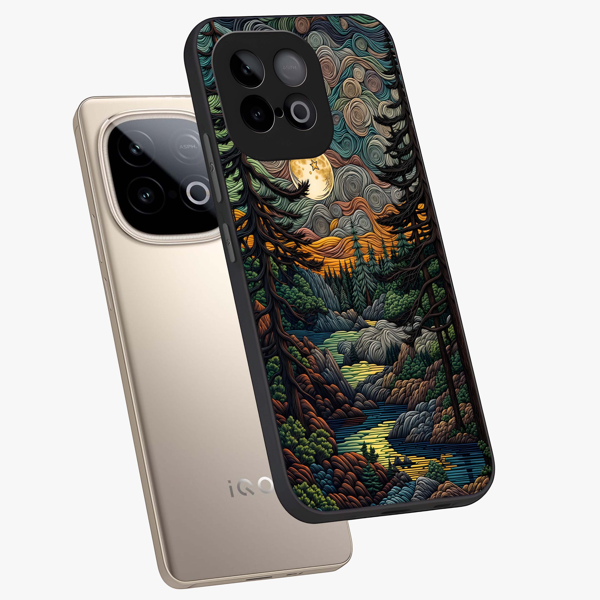 Moonlight Forest Dream Glass Case displayed in angled mockup highlighting dreamy forest design with glowing moon aesthetic.