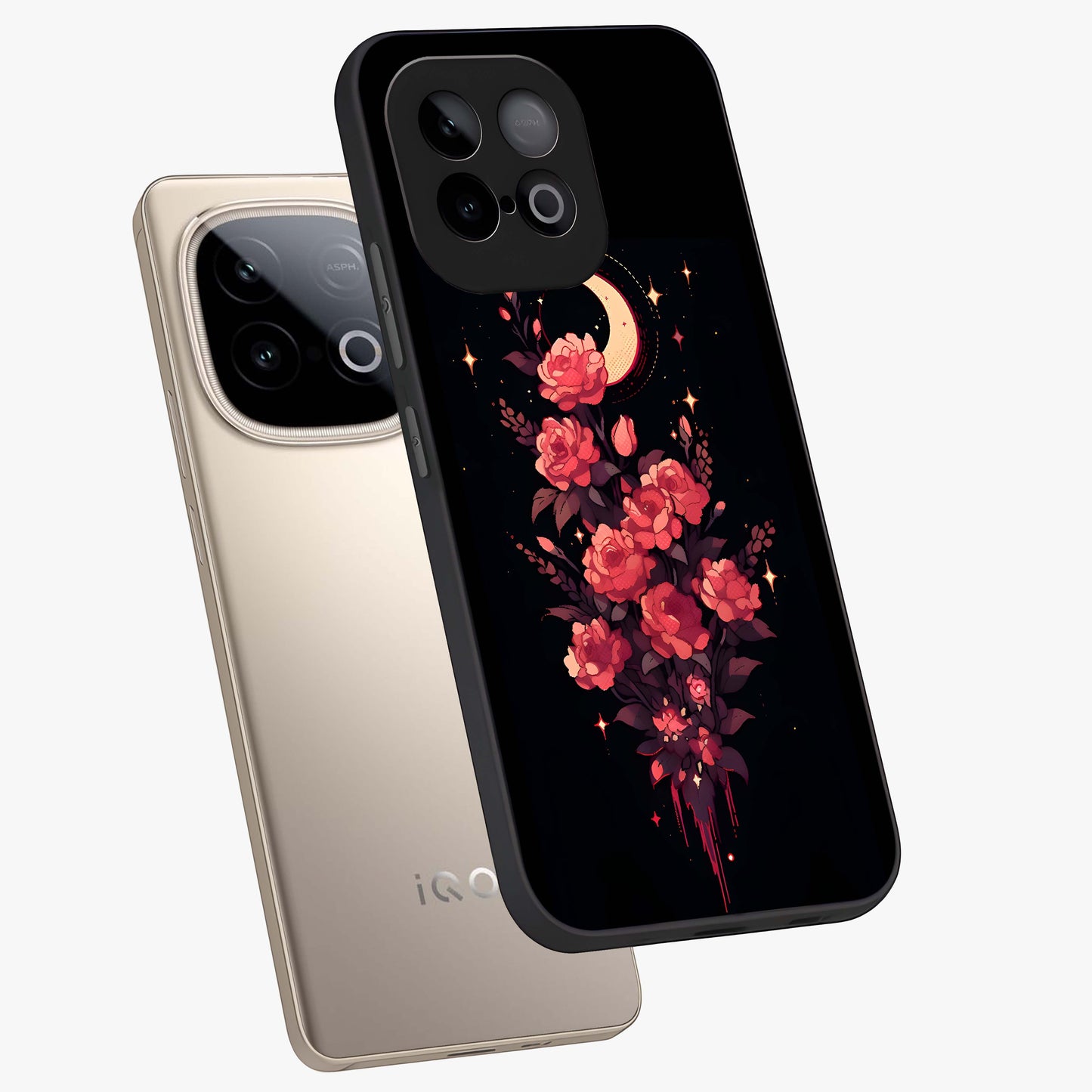Moonlit Floral Elegance Glass Case displayed in angled mockup highlighting graceful flower design with soft moonlight aesthetic.