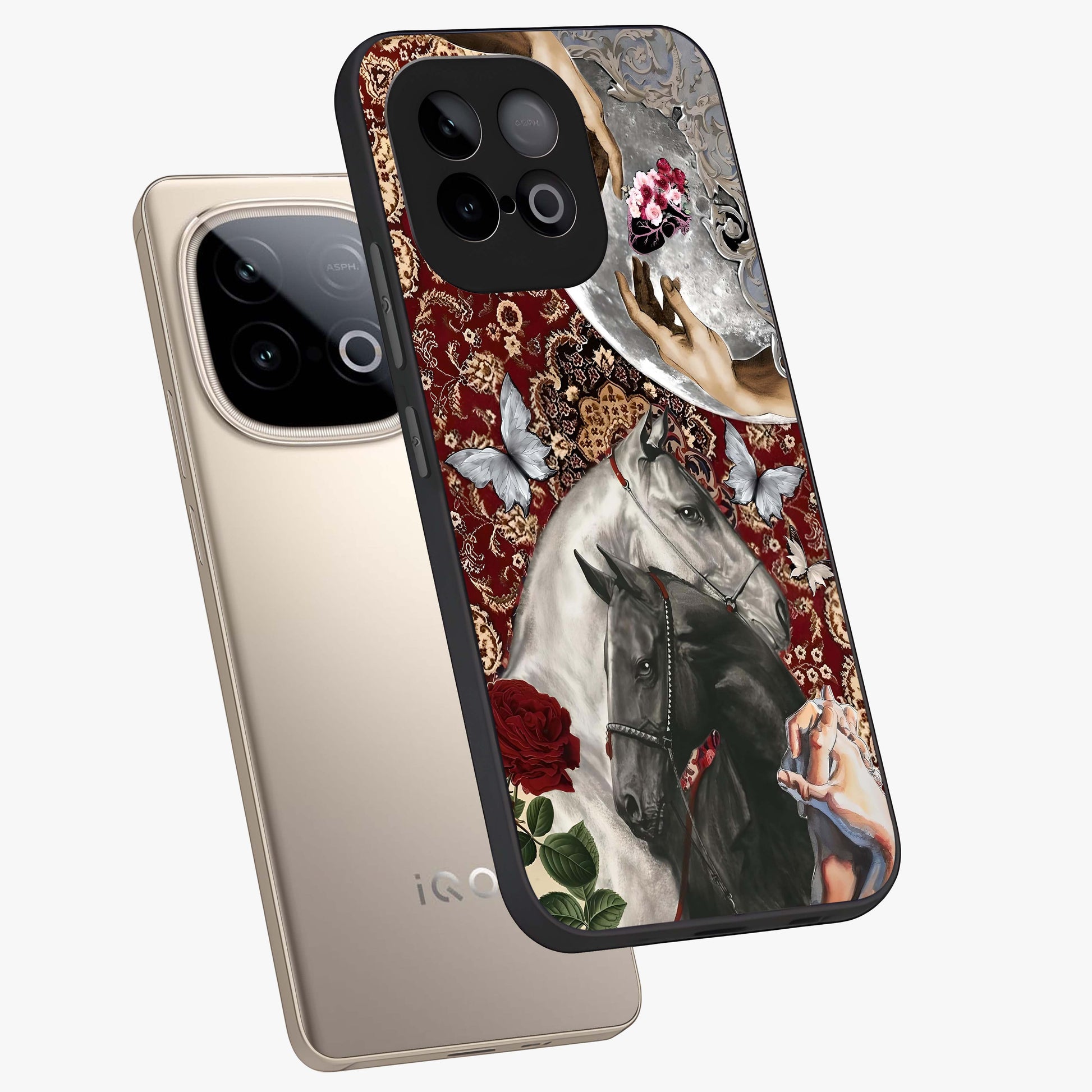 Moonlit Royal Stallion Glass Case displayed in angled mockup highlighting powerful stallion illustration with royal night aesthetic.