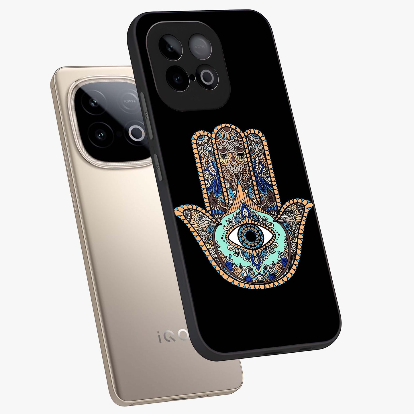 Mystic Hamsa Eye Glass Case displayed in angled mockup highlighting spiritual hamsa symbol with mystical aesthetic style.