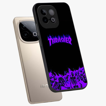 Neon Flame Riot Glass Case displayed in angled mockup highlighting glowing flame design with vibrant neon aesthetic.