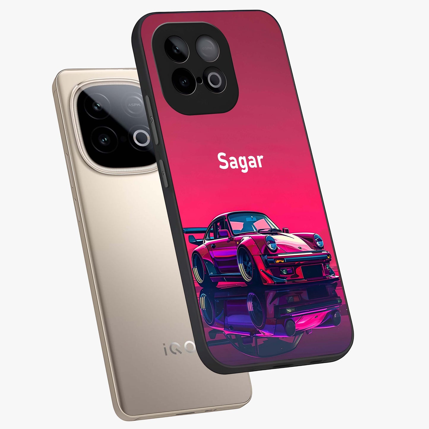 Neon Pink Porsche Glass Case displayed in angled mockup highlighting sleek neon pink car design with racing aesthetic.