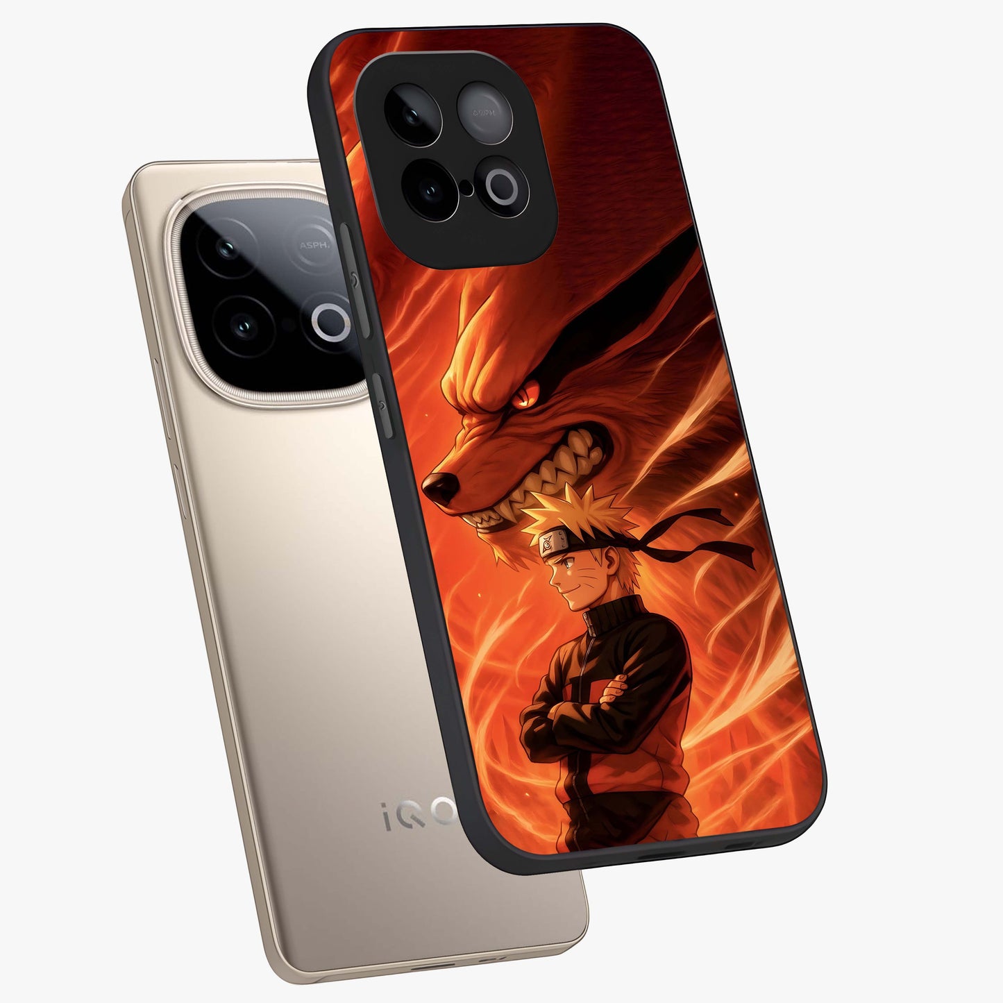 Nine Tails Legacy Glass Case displayed in angled mockup highlighting dynamic anime beast illustration with bold mystical aesthetic.