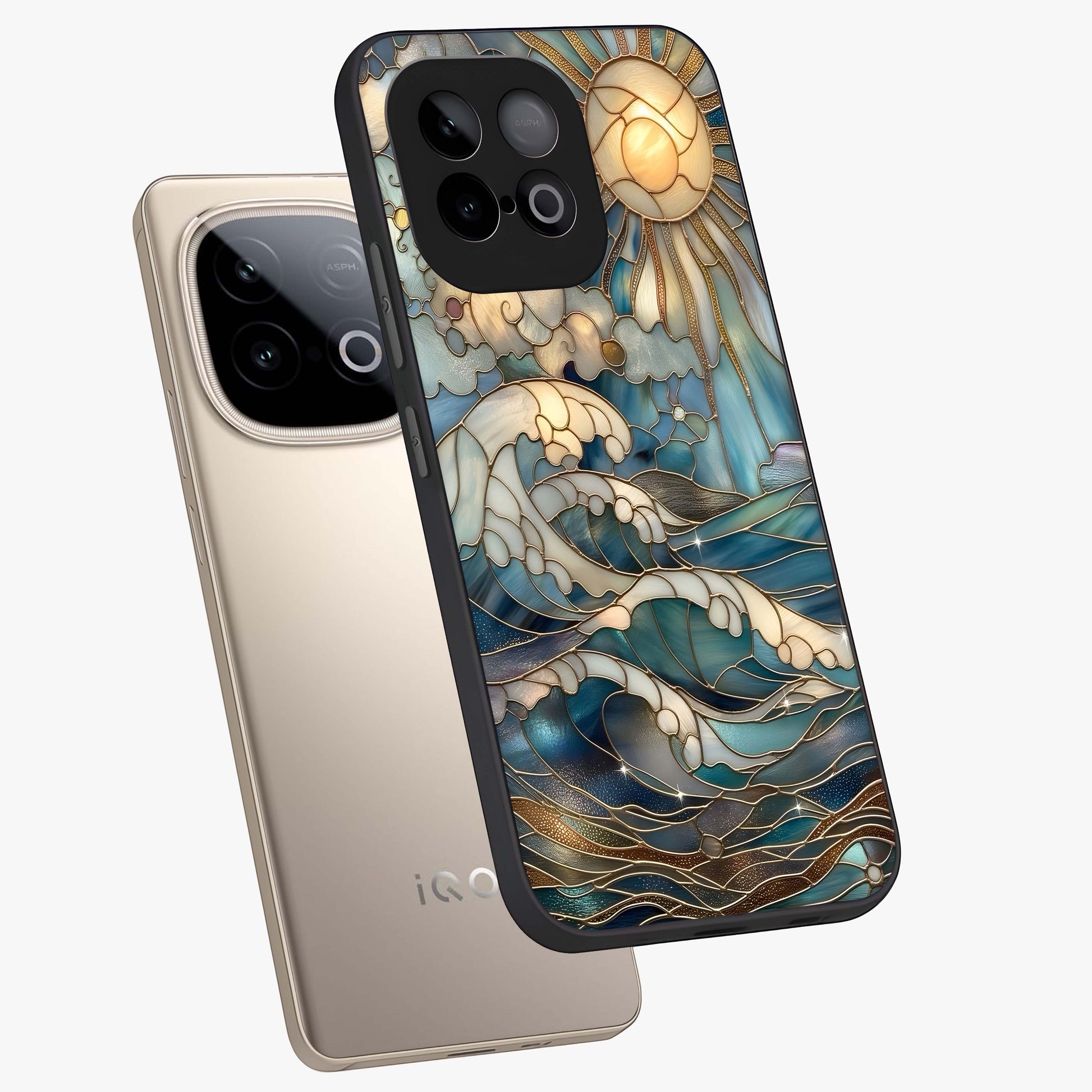 Oceanic Stained Printed Glass Case displayed in angled mockup highlighting colorful aquatic design with artistic aesthetic style.