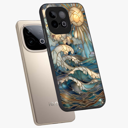 Oceanic Stained Printed Glass Case displayed in angled mockup highlighting colorful aquatic design with artistic aesthetic style.