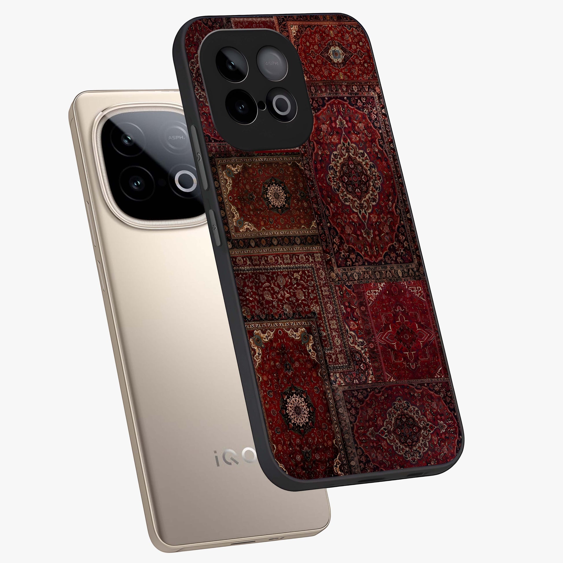 Persian Velvet Tale Glass Case displayed in angled mockup highlighting ornate textile inspired design with royal aesthetic.