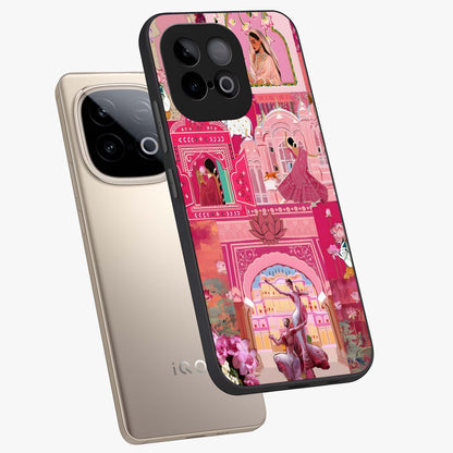 Pink Palace Muse Glass Case displayed in angled mockup highlighting dreamy palace illustration with soft pink aesthetic.