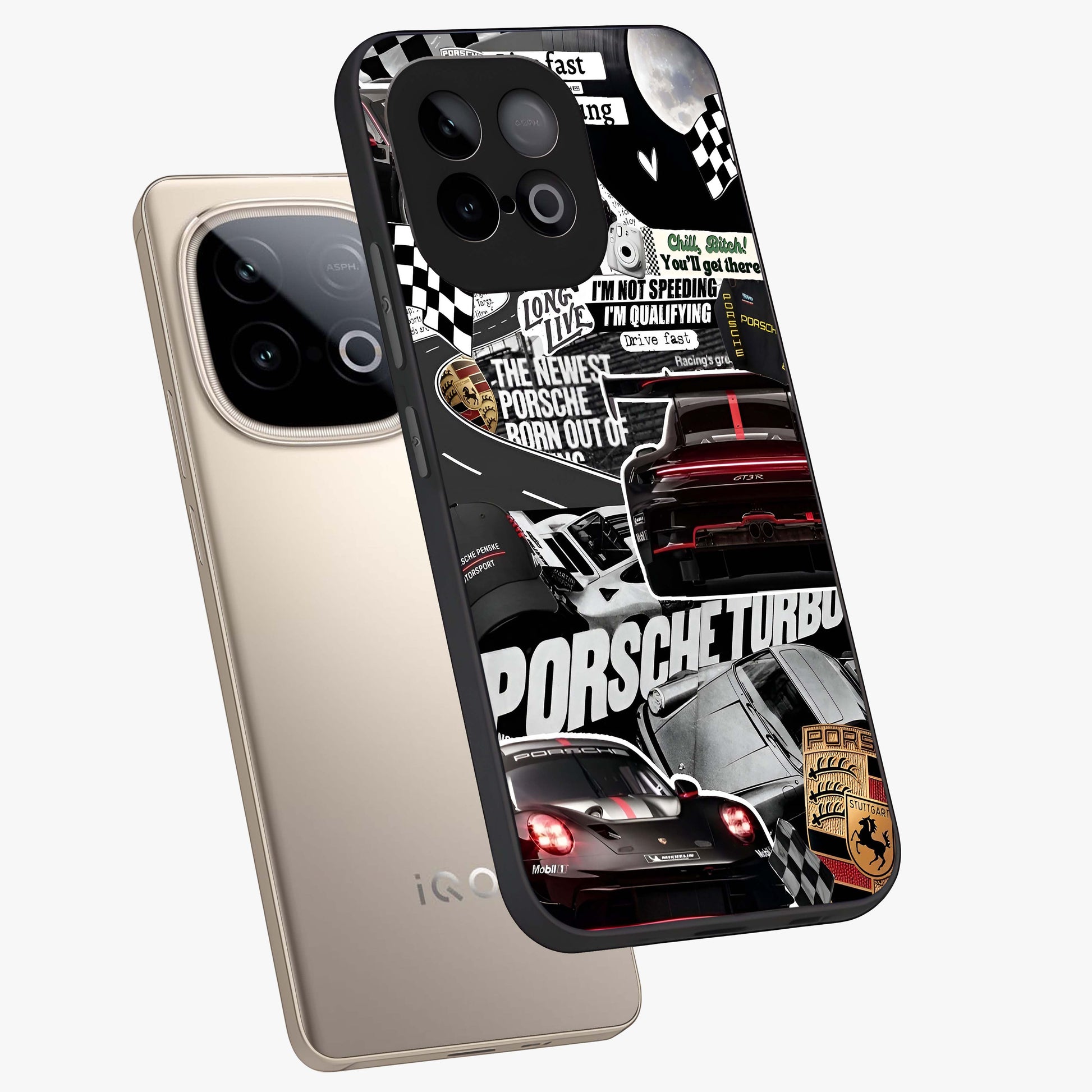Porsche Racing Collage Glass Case displayed in angled mockup highlighting dynamic automotive design with bold racing aesthetic.