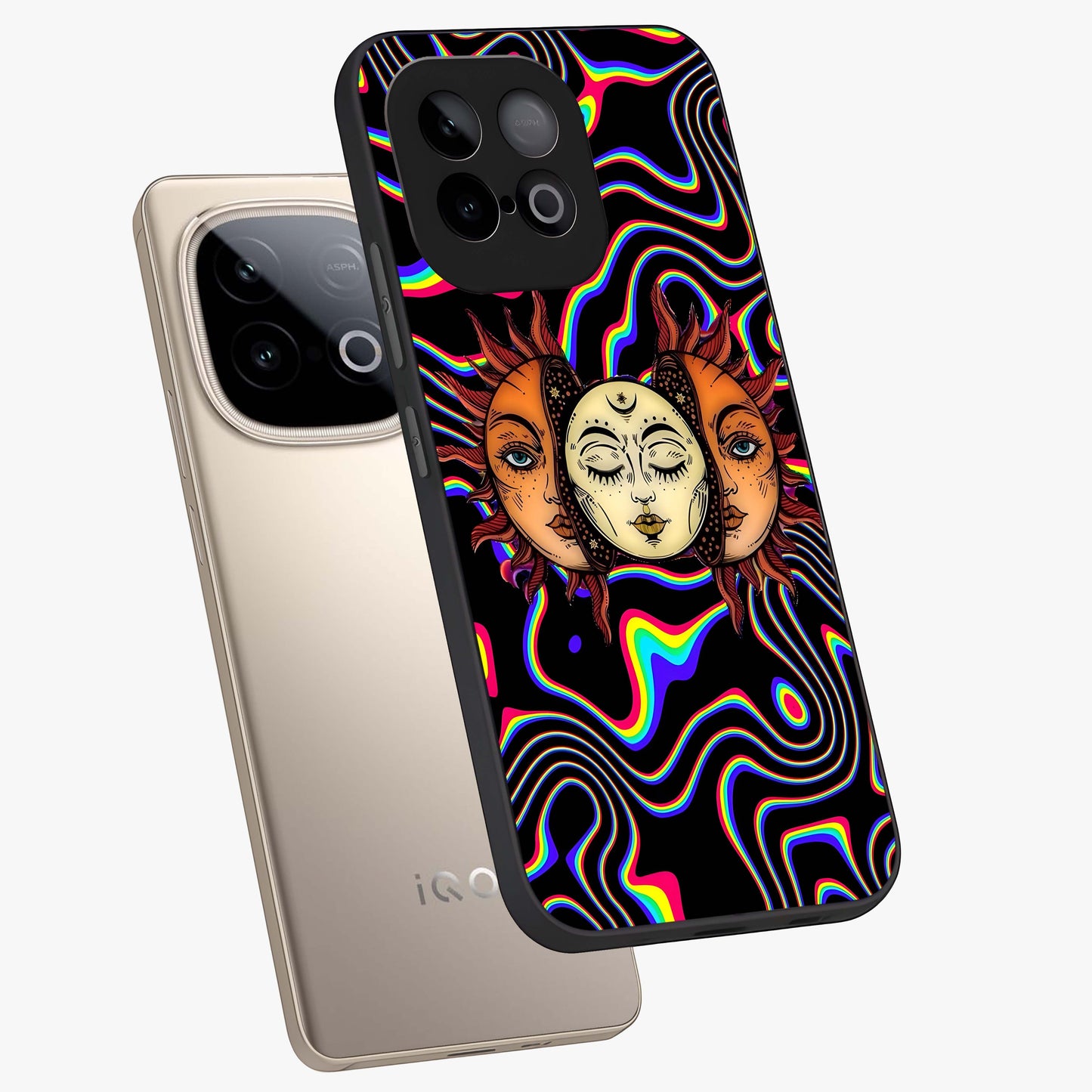 Psychedelic Sun Glass Case displayed in angled mockup highlighting vibrant abstract sun design with artistic aesthetic style.