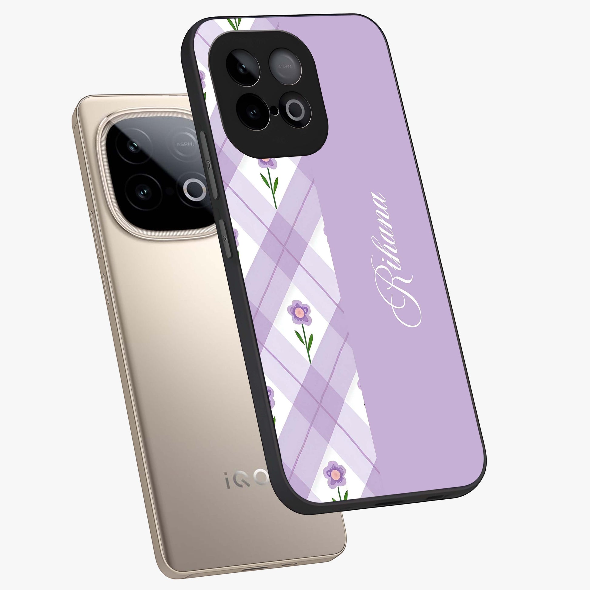 Purple Diamond Floral Glass Case displayed in angled mockup highlighting elegant purple flower design with decorative pattern.