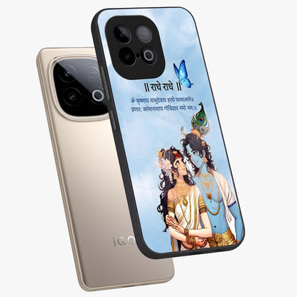 Radha Krishna Eternal Glass Case displayed in angled mockup highlighting divine Radha Krishna illustration with spiritual aesthetic.