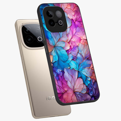 Radiant Floral Whirl Glass Case displayed in angled mockup highlighting vibrant flower pattern with dynamic artistic aesthetic.