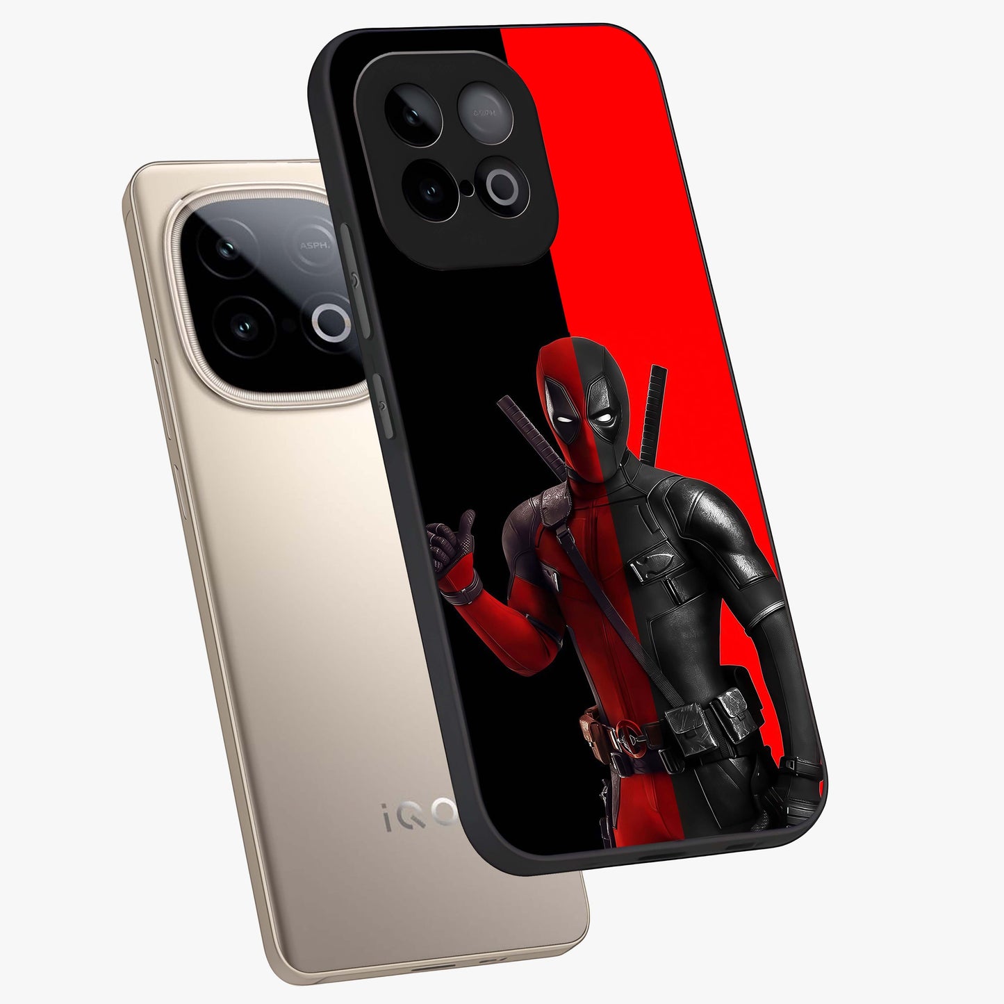 Red & Black Deadpool Theme Glass Case displayed in angled mockup highlighting vibrant superhero style illustration with action aesthetic.