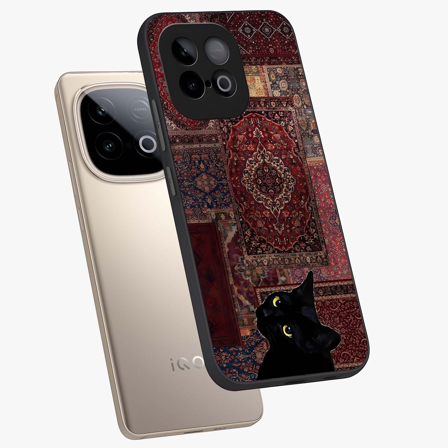 Regal Magic Cat Apple Glass Case displayed in angled mockup highlighting whimsical feline design with fantasy aesthetic.