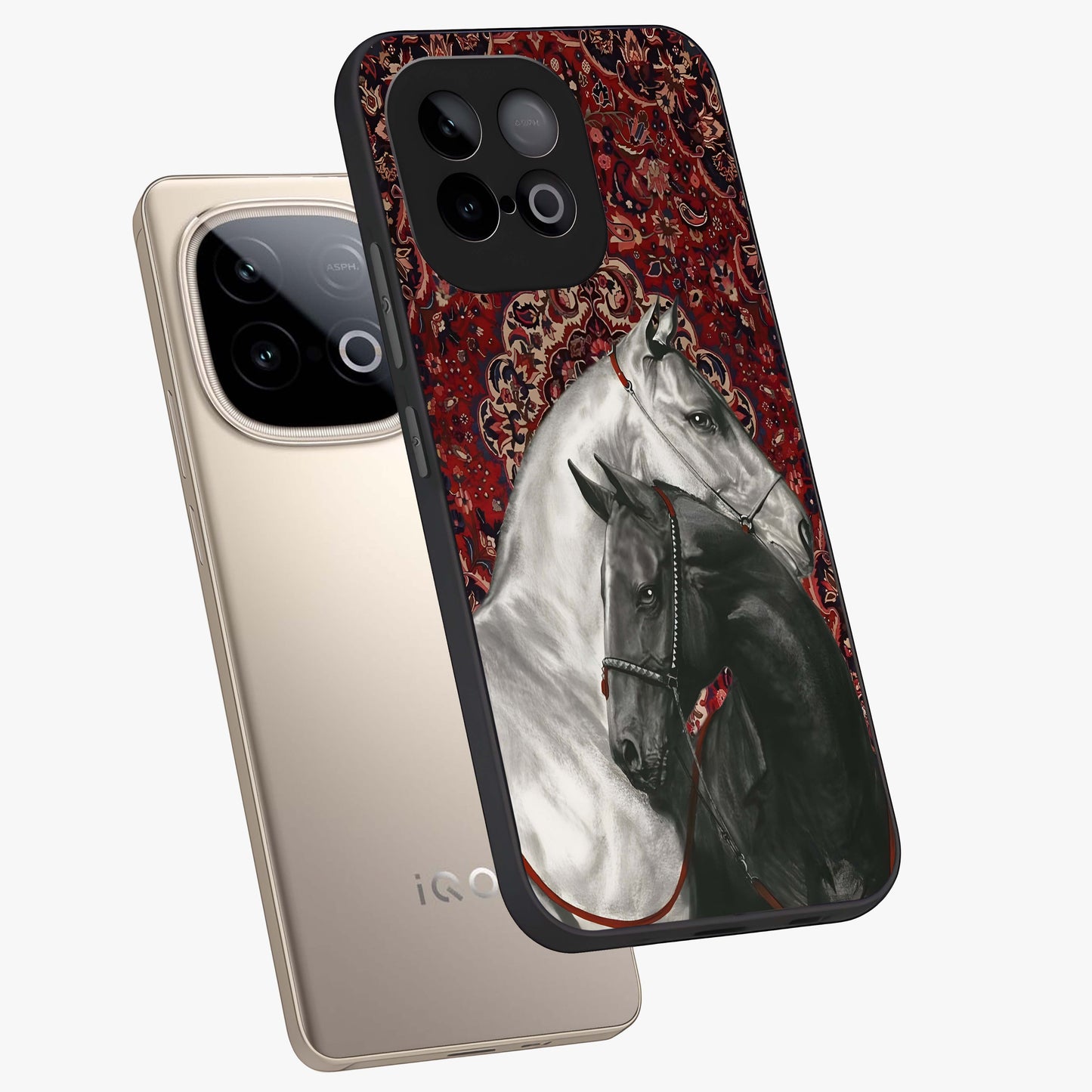 Regal Stallion Tapestry Glass Case displayed in angled mockup highlighting royal stallion design with decorative heritage aesthetic.