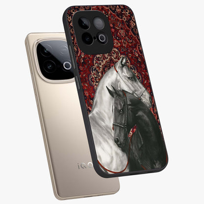 Regal Stallion Tapestry Glass Case displayed in angled mockup highlighting royal stallion design with decorative heritage aesthetic.