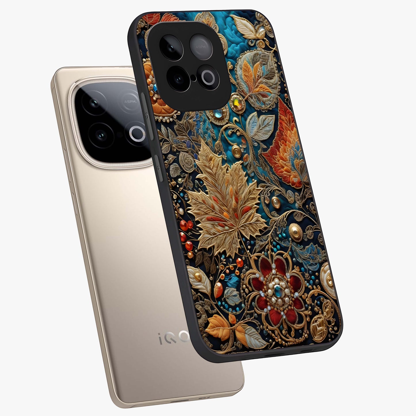 Royal Jewel Garden Glass Case displayed in angled mockup highlighting vibrant jewel inspired floral design with elegant aesthetic.