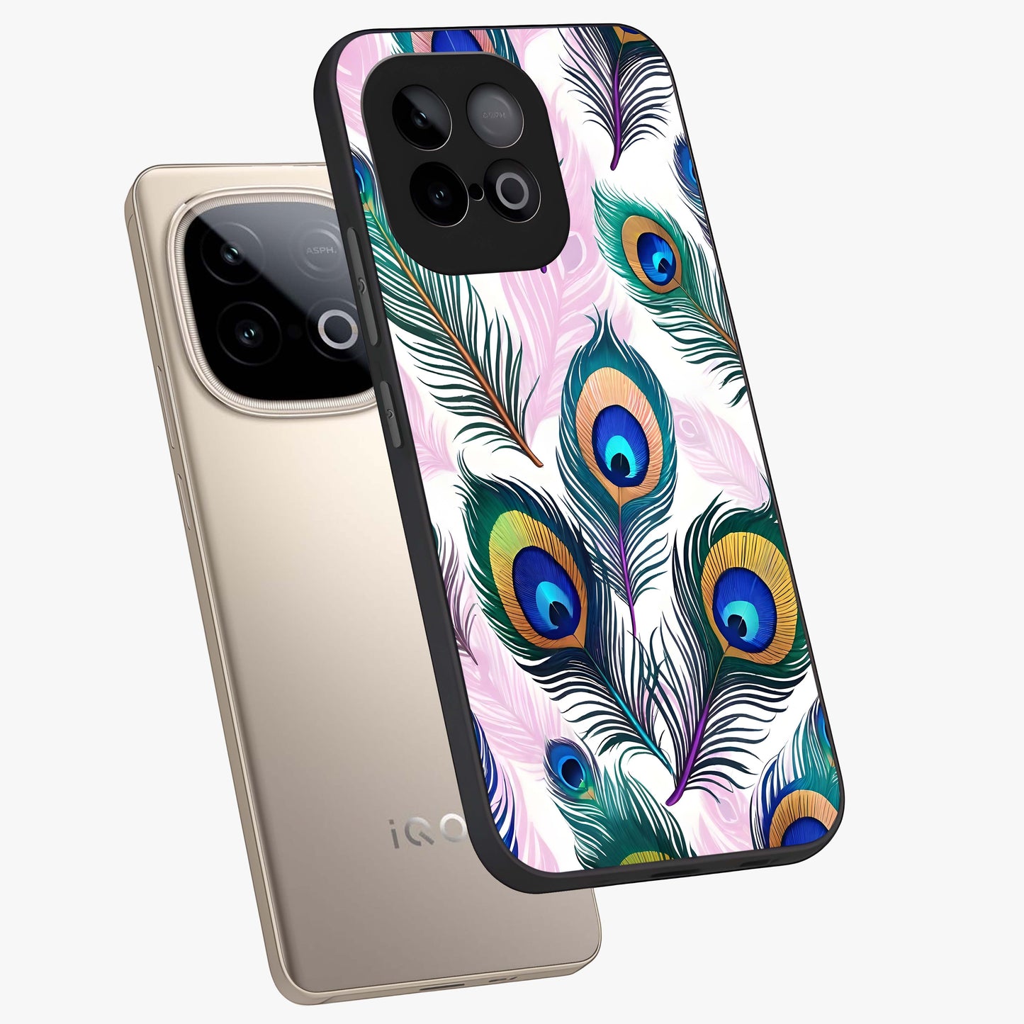 Royal Peacock Feathers Glass Case displayed in angled mockup highlighting vibrant feather pattern with regal aesthetic style.